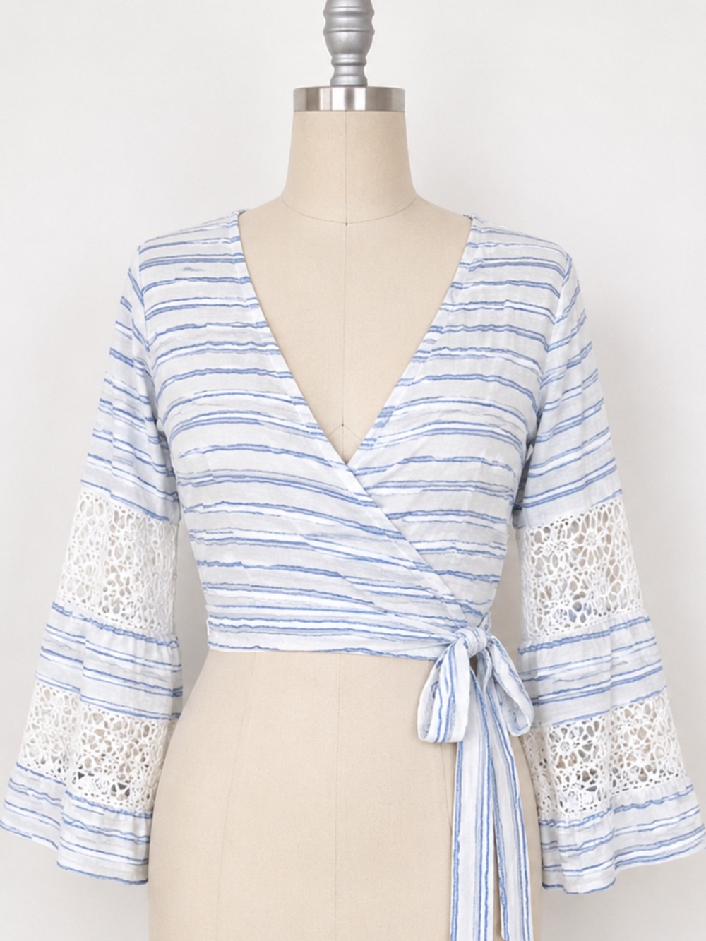 Hayden Striped Wrap Tie Top with Crochet Bell Sleeves NWT Size L
